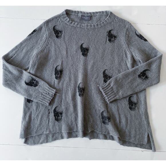 Wooden Ships Distressed Skull Sweater Women XS Gray Boxy Mohair Wool Goth Cozy - Picture 2 of 11